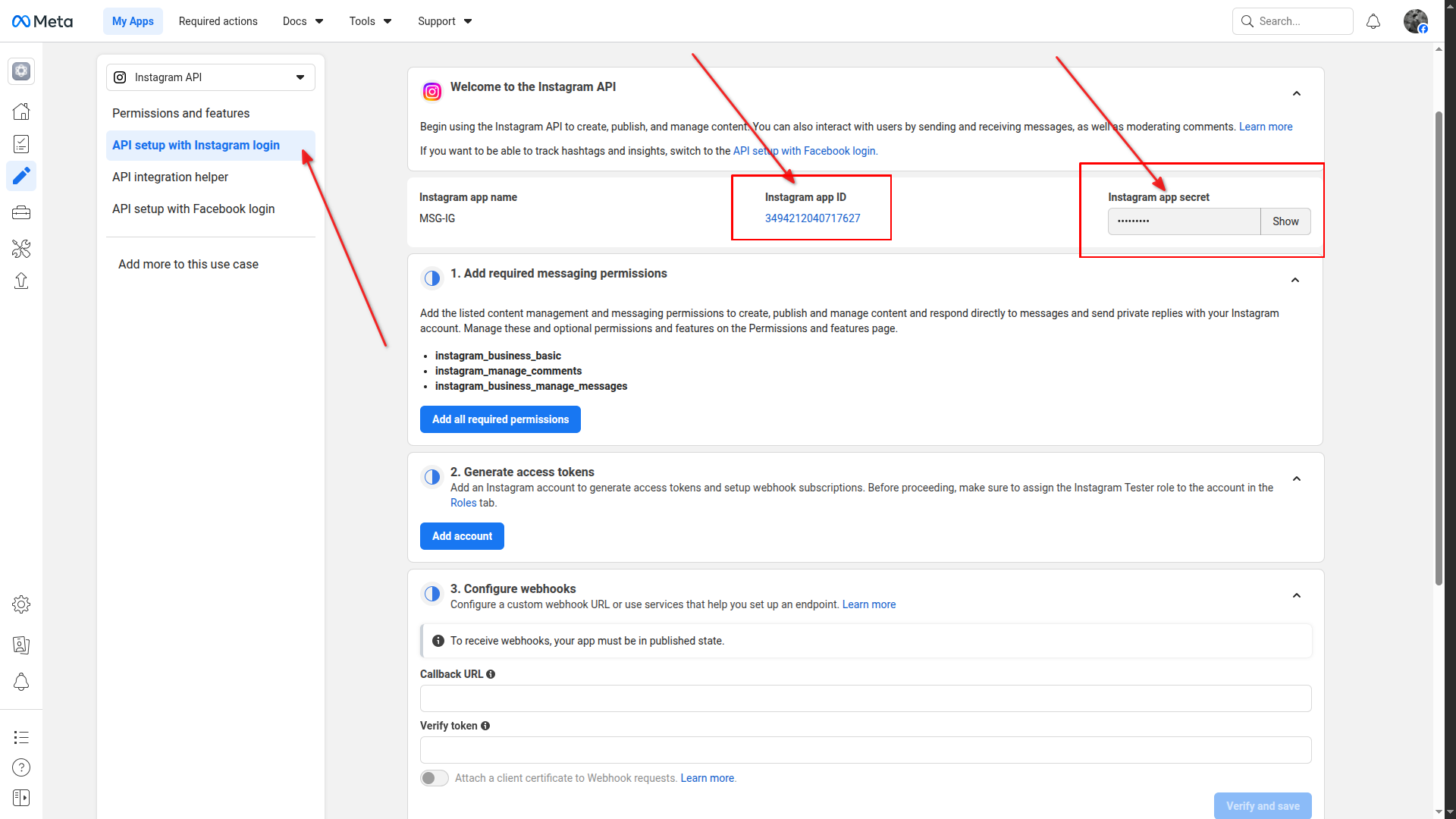 Copy App ID and Secret